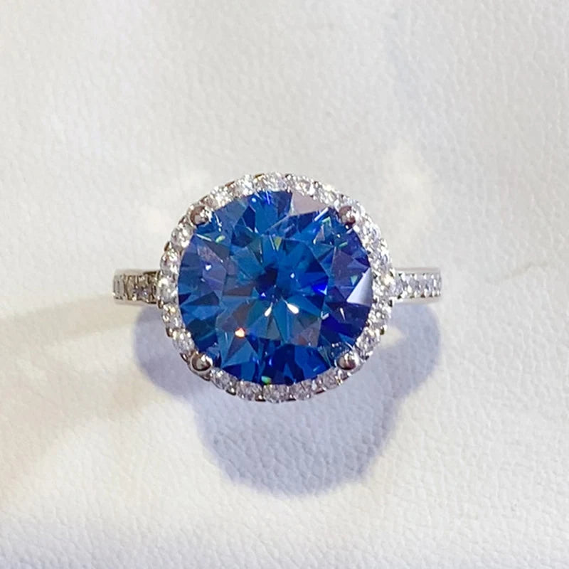 Bague de Luxe en Moissanite Bleue et Argent Sterling 925 - Éclat Rond de Diamant de Laboratoire, Bijou Élégant Certifié pour Femmes